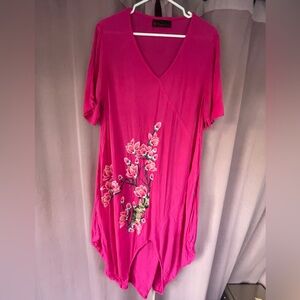 Cotton Amour Hot Pink Floral Embroidered V-Neck Dress